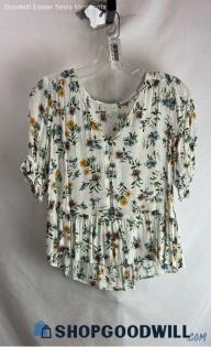 Lucky Brand Women's White/Green Floral Patterned Gauze Blouse - Sz XS