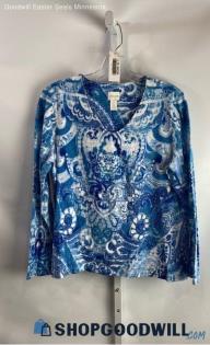 Chico's Women's Blue/White Patterned V-Neck Long Sleeve Shirt - Sz L