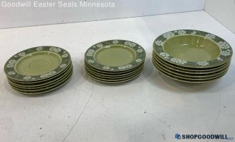 Granada Green Ceramic 6 Saucers 6 Dessert Plates And 6 Soup Bowls