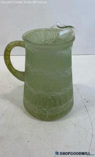 Unlabeled Green Glass Water Pitcher With White Swirl Pattern