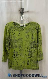 Chico's Women's Pea Green Doodle City Graphic Shirt - Sz S