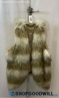 Skies Are Blue Women's Tan/White Stripes Faux Fur Vest - Sz L