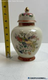 Satsuma Japan Porcelain Peacock Bird Floral Ginger Jar Vase w/Lid Home Decor