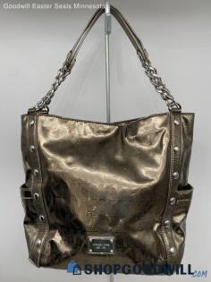 Michael Kors Embossed Monogram Patent Leather Gray Metallic Hobo Handbag/Purse