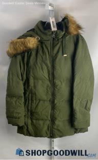 Zara Women's Olive Green Lightweight Faux Fur Trim Hood Puffer Coat Jacket Sz S