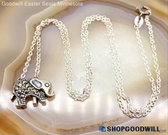 .925 Marcasite Dainty Elephant Necklace 3.40g