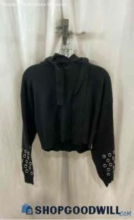 Zara Women's Black Tie Neck Studded Cropped Hoodie - Sz M