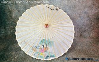 Chinese Courtyard Maiden Doing Laundry 28" Umbrella Painting Decor Asian Art