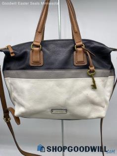 Fossil Navy/Ivory Leather Satchel Shoulder Bag Womens Handbag/Purse