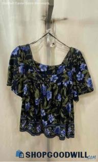 Lucky Brand Women's Blue Floral Print Cropped Square Neck Blouse - Sz L