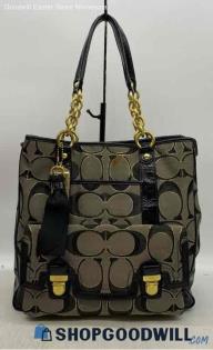 Coach Poppy Signature Black Beige Tote Shoulder Bag Leather Jacquard Canvas