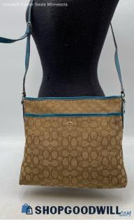 Coach Outline Signature Khaki/Teal Canvas/Leather Crossbody Handbag/Purse