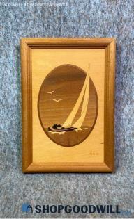 "Hudson River Inlay" Nelson Sailboat Wood Marquetry Nautical Decor Art Framed