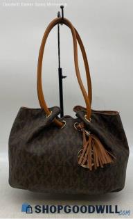 Michael Kors Signature Brown Drawstring Tote Shoulder Bucket Bag Coated Canvas