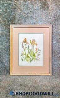 Muted Red Iris Flowers Dad Signed Vtg Original Still Life Nature Painting Art