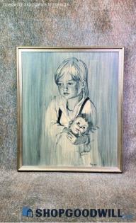 Disappointed Girl Unimpressed By Her Doll Toy Palmieri VTG Print Frame Art Decor