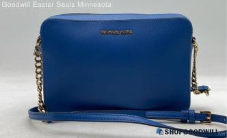 Michael Kors Travel Jet Set Blue Leather Crossbody Handbag/Purse