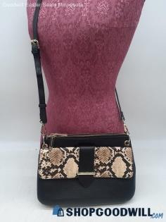 Enzo Angiolini Black/ Beige Snake Skin Faux Leather Crossbody Handbag Purse