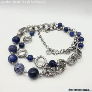 Silver-Tone TABLOTS Chunky Rolo Chain Sodalite Bead Necklace