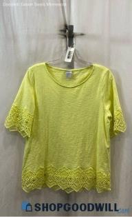 Chico's Women's Yellow Sheer Henley Lace Hem Shirt - Sz M