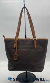 Michael Kors Signature Jet Set Brown Coated Canvas Tote Handbag/Purse