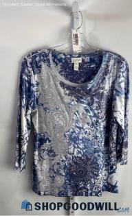 Chico's Women's Blue/Gray Shiny Floral Polyester Shirt - Sz S