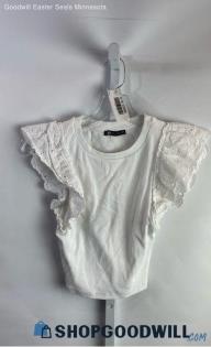 Zara Women's White Ribbed Scalloped Sleeve Cotton Shirt - Sz S