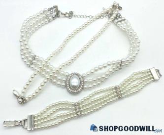 Silver Tone Faux Pearl and Rhinestone Bling Necklaces and Bracelet