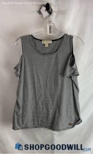 Michael Kors Women's Black/White Striped Cold Shoulder T-Shirt - Sz L