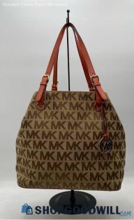 Michael Kors Signature Khaki/Orange Jacquard Canvas Shoulder Tote Handbag/Purse