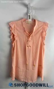 Michael Kors Women's Peach Ruffle Sleeve Front Lace Up Blouse - Sz M