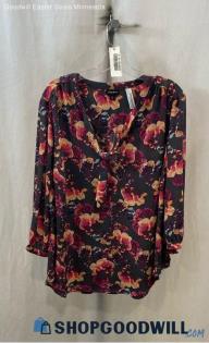 Torrid Women's Black/Floral Print Long Sleeve V-Neck Blouse - Sz 2