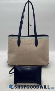 Kate Spade All Day Beige/Navy Blue Canvas/Leather Tote Handbag/Purse + Wristlet