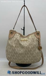 Michael Kors Monogram Jet Set Acorn Vanilla Satchel Saddle Bag Coated Canvas