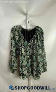 Lane Bryant Women's Black/Green Floral Leaf Pattern Polyester Blouse - Sz 14/16