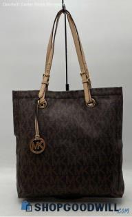 Michael Kors Jet Set Signature Tall Brown Coated Canvas Tote Handbag/Purse