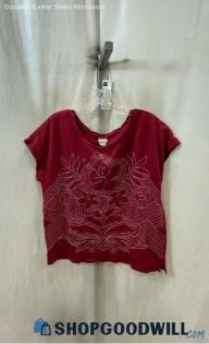 Chico's Women's Burgundy Henley Floral Embroidered Cap Sleeve T-shirt - Sz L