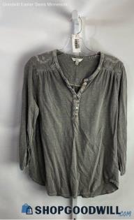 Lucky Brand Women's Gray w/Floral Stitching Cotton Long Sleeve Shirt - Sz M