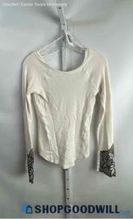 Free People Women's White & Taupe/Navy Floral Sleeves Cotton Sweater - Sz M