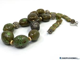 Silver Tone Green + Brown Chunky Porcelain Bead Necklace