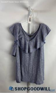 Lane Bryant Women's Navy/White Striped Ruffle Cap Sleeve Top - Sz 14/16