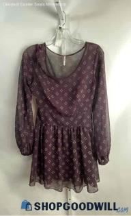 Free People Women's Dark Purple/White Patterned Sheer Peplum Blouse - Sz XS