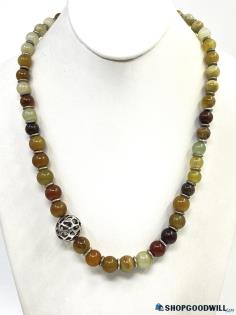 Natural Stone Beaded Asymetrical Silver Tone Necklace