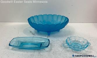 3pc Unbranded Blue Art Glass Large Fruit, Double Handle Bowl & Tray Home Decor