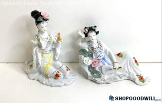 2PC Made In China White Porcelain Floral Lady Figurines