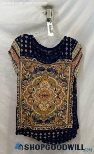 Lucky Brand Women's Navy Blue/Tan Design Pattern Blouse - Sz M