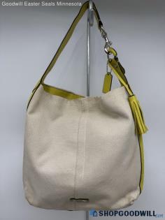 Coach Beige/Lime Green Hobo Shoulder Bag Womens Canvas/Leather Handbag/Purse