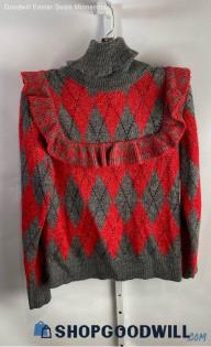 Zara Women's Gray/Red Argyle Ruffle Shoulder Turtleneck Sweater - Sz M