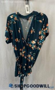 Torrid Women's Teal/Peach Floral Faux Wrap Peplum Top - Sz 2