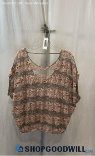 Free People Women's Taupe/Pink Textured Floral Striped Sheer Mesh Top - Sz S